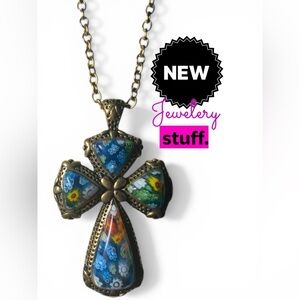 Source Unknown Blue and Gold Artistic Cross Necklace